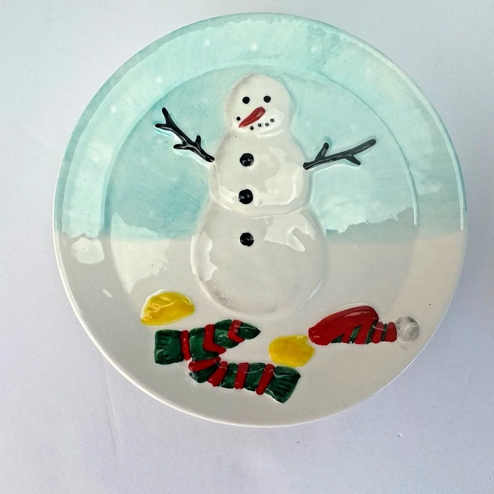 SNOWMAN How To Build CHRISTMAS WINTER Bread Dessert Appetizer Plates‎ Dishes Set